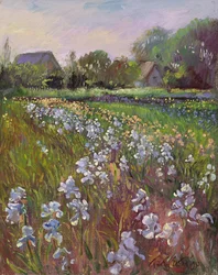 Witte irissen en boerderij